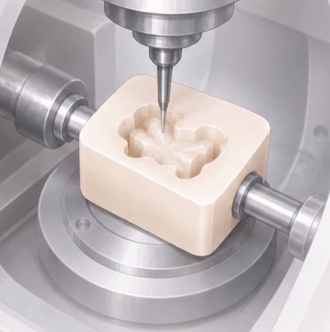CAD/CAMのミリングマシンでインレーを削り出して製作している様子