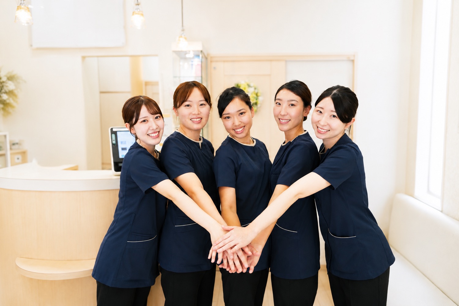 手を重ねるあつたの森歯科クリニックのスタッフ
