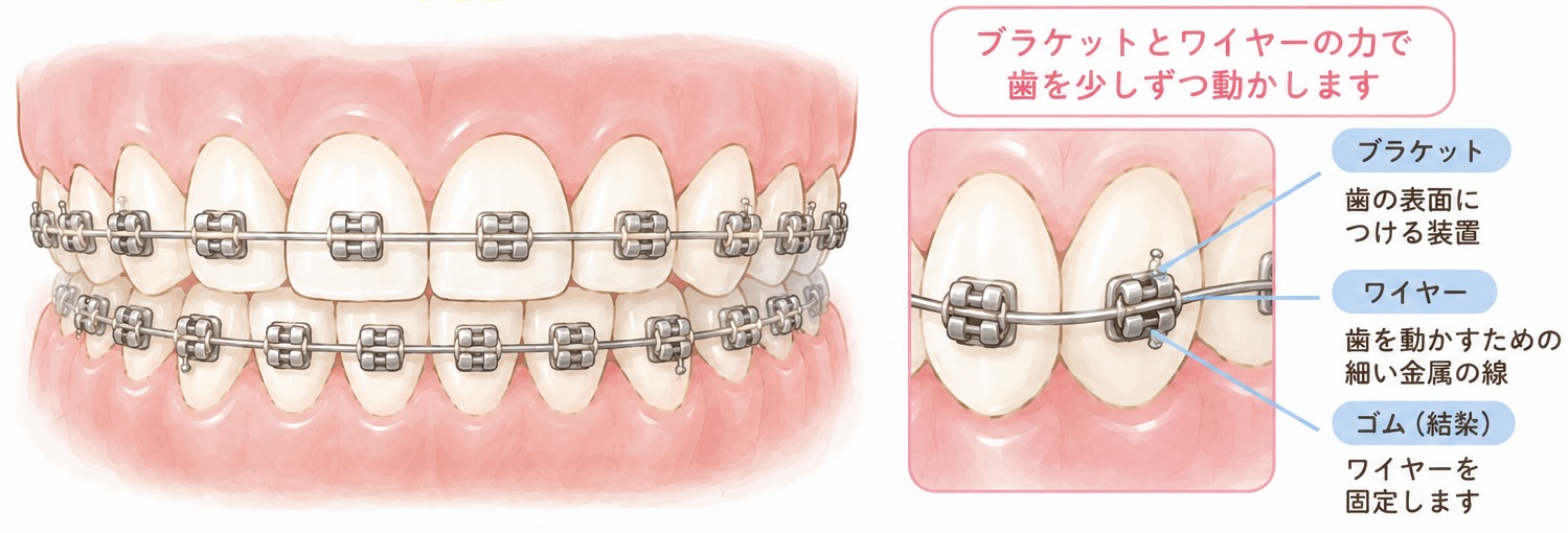 ワイヤー矯正の仕組み。歯の表面にブラケットを付け、ワイヤーとゴム(結紮)で固定し、その力で歯を少しずつ動かす。